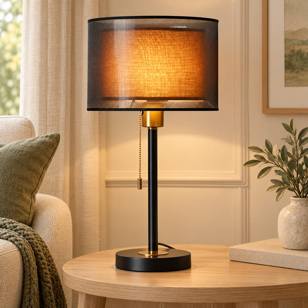 Elara Double-Shade Table Lamp in a warm contemporary interior