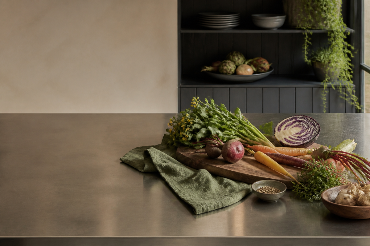 Seasonal vegetables arranged on a warm Australian kitchen benchtop